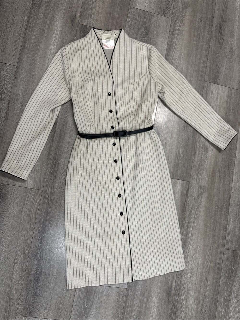 Vtg 1963 Union Label Charles Carroll Pinstripe Dress Button Beige Belted 14